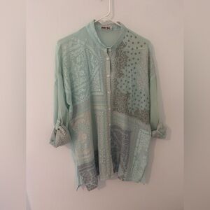 Floaty Johnny Was semi-sheer pale mint embroidered tunic XS